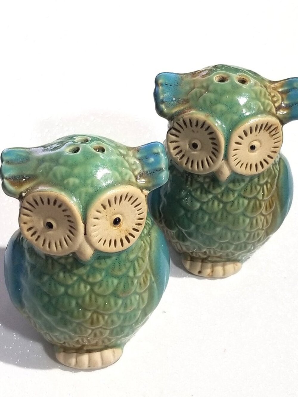 Vintage Ceramic Owl Salt & Pepper Shakers Green Blue Glazed Stoneware Pair